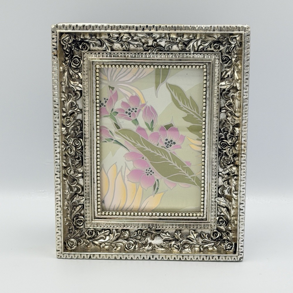 Silver Floral‎ Rose Picture Frame 3.5x5 Ornate Cottagecore Hollywood Regency